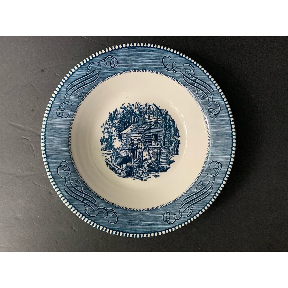 Vintage Royal Currier & Ives 9 1/8” Serving Bowl, Maple Sugaring Blue  White-USA